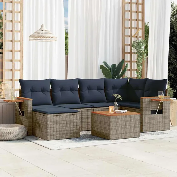 Salon de jardin 7 pcs avec coussins gris résine tressée