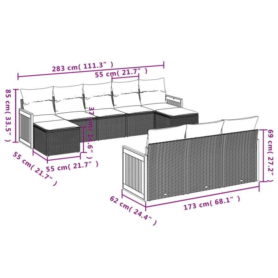 Ensemble de canapé de jardin 10 pcs avec coussins gris résine tressée - 7