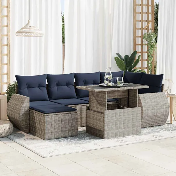 Salon de jardin avec coussins 7 pcs gris résine tressée acacia
