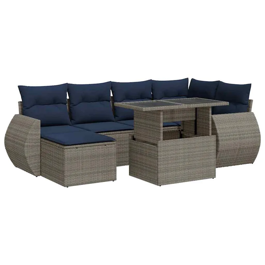Salon de jardin avec coussins 7 pcs gris résine tressée acacia - 2