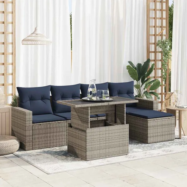 Salon de jardin avec coussins 6 pcs gris résine tressée acacia