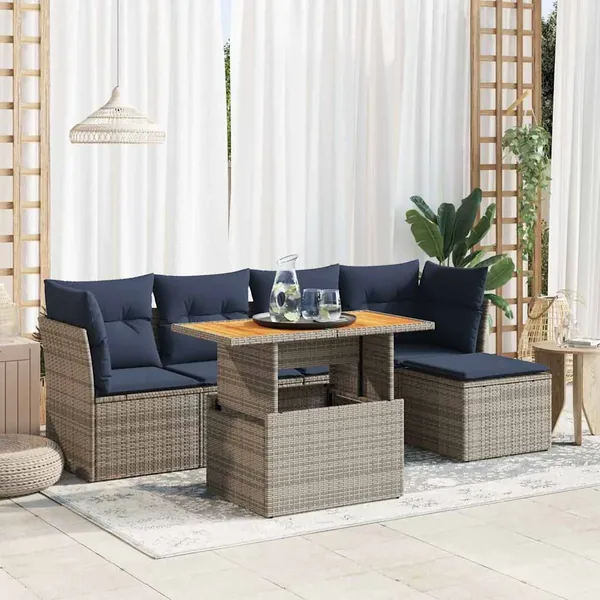 Salon de jardin 6 pcs avec coussins gris résine tressée