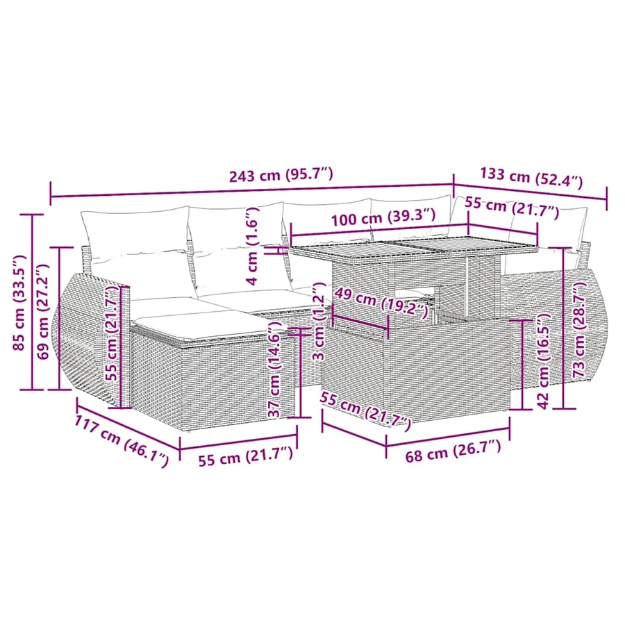 Salon de jardin avec coussins 7 pcs gris résine tressée - 15