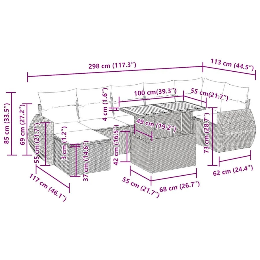 Salon de jardin 8 pcs avec coussins gris résine tressée - 17