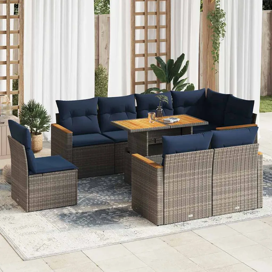 Salon de jardin 9 pcs avec coussins gris résine tressée