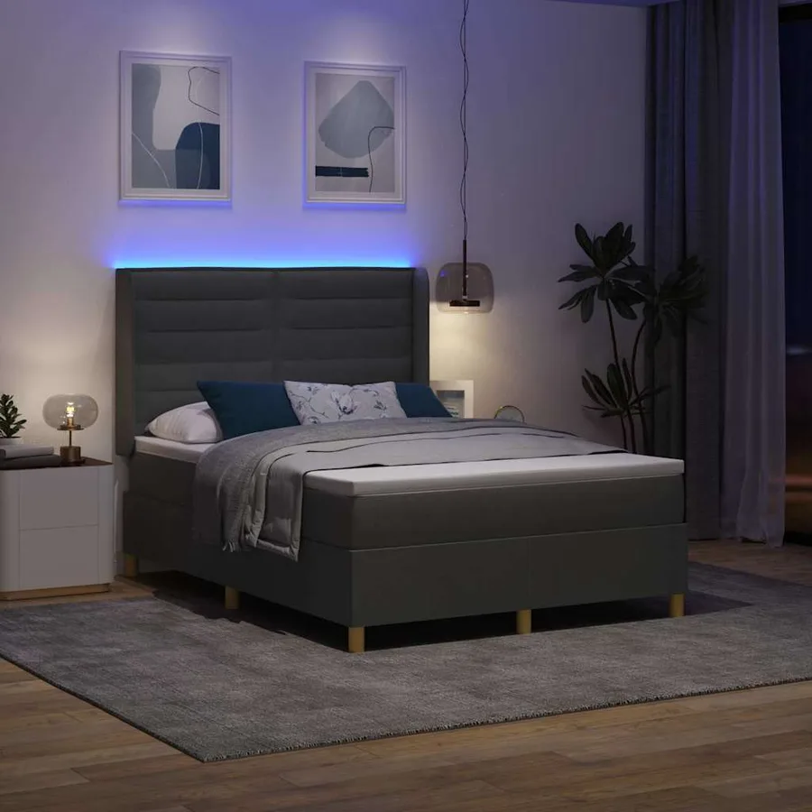 Lit à ressorts avec bandes LED Gris 160 x 200 cm tissu - 5