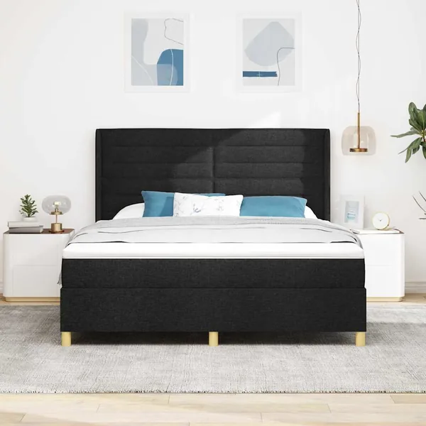 Lit à ressorts avec matelas Noir 180 x 200 cm tissu