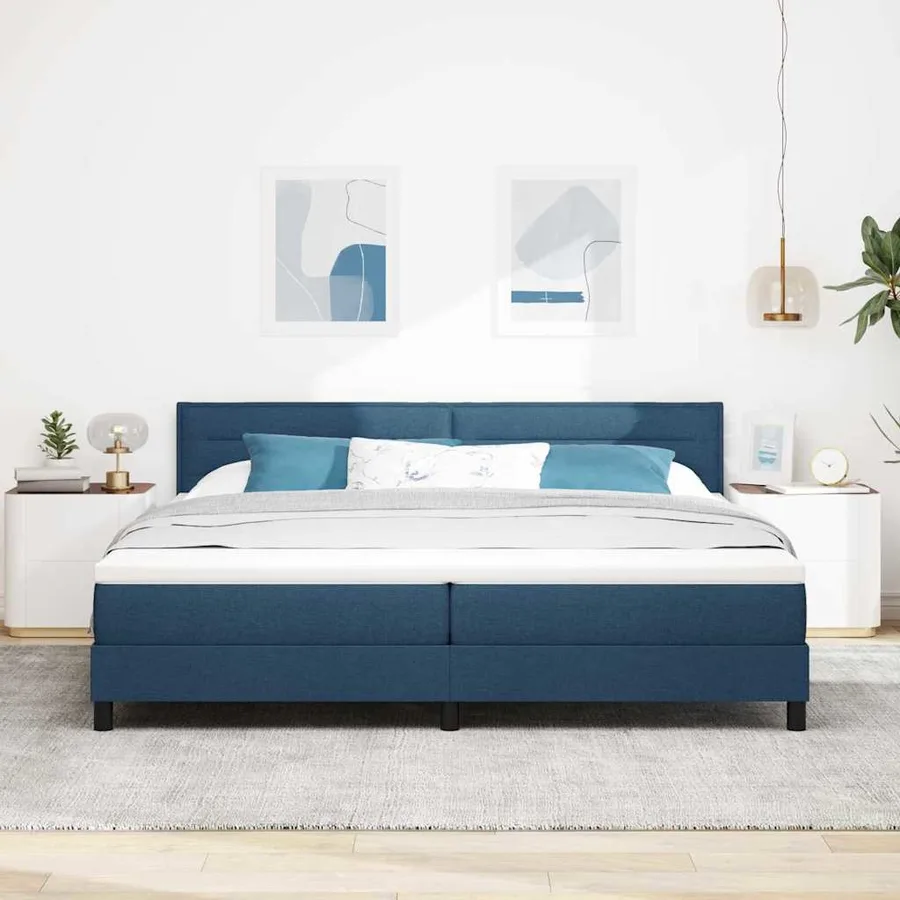 Lit à ressorts avec tête de lit Bleu 200 x 200 cm tissu - 3