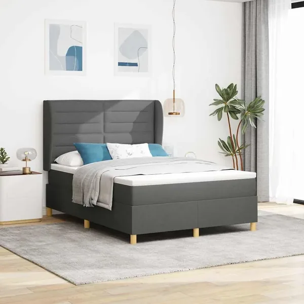 Lit à ressorts avec matelas Gris foncé 200 x 140 cm tissu