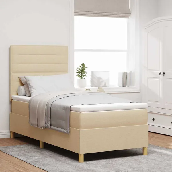 Lit à ressorts avec matelas Crème 90 x 190 cm tissu