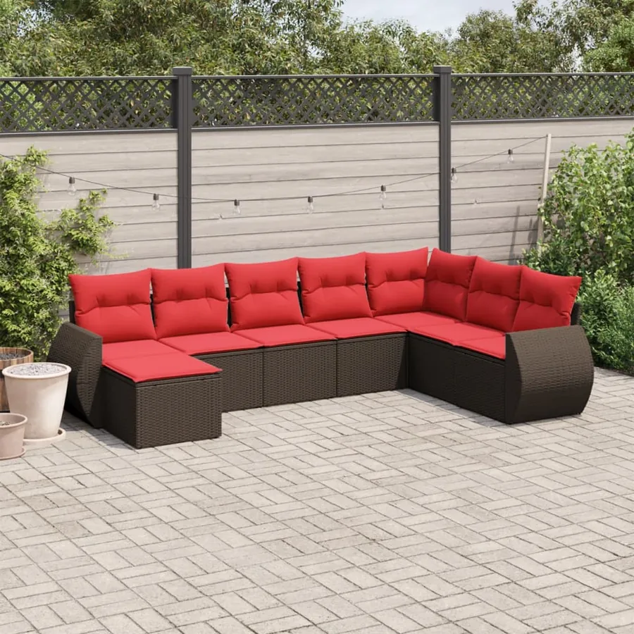 Ensemble de canapé de jardin 8 pcs avec coussins marron résine tressée