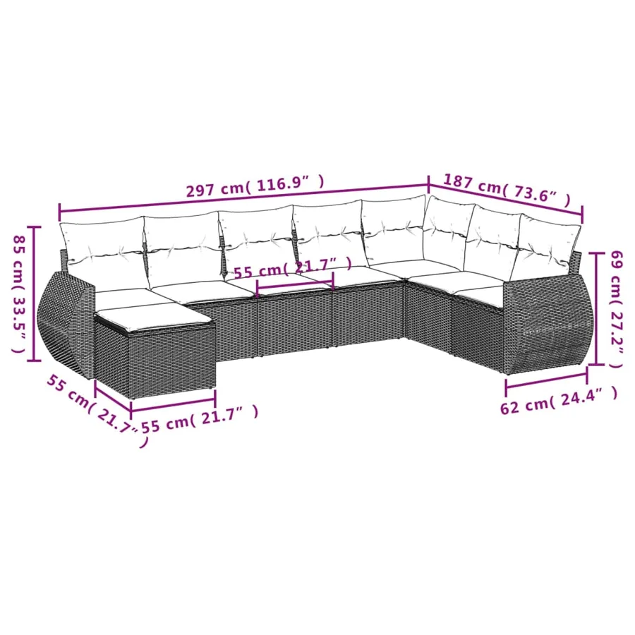 Ensemble de canapé de jardin 8 pcs avec coussins marron résine tressée - 8