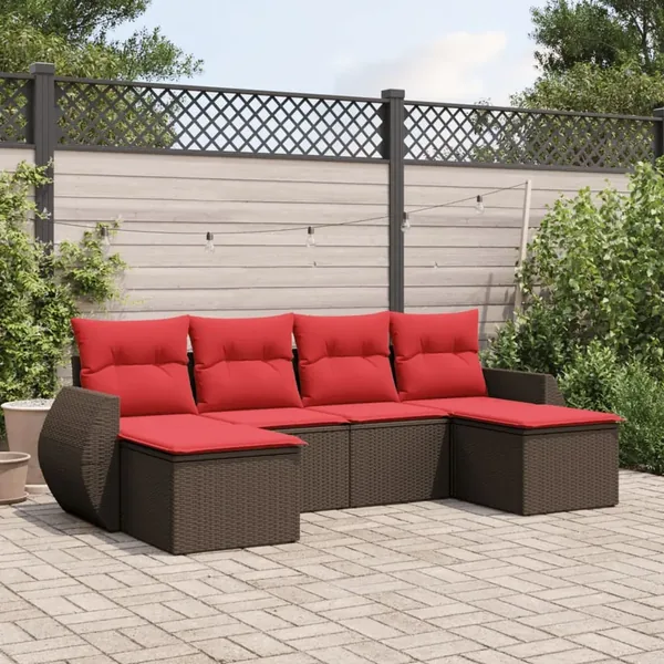 Ensemble de canapé de jardin 6 pcs avec coussins marron résine tressée