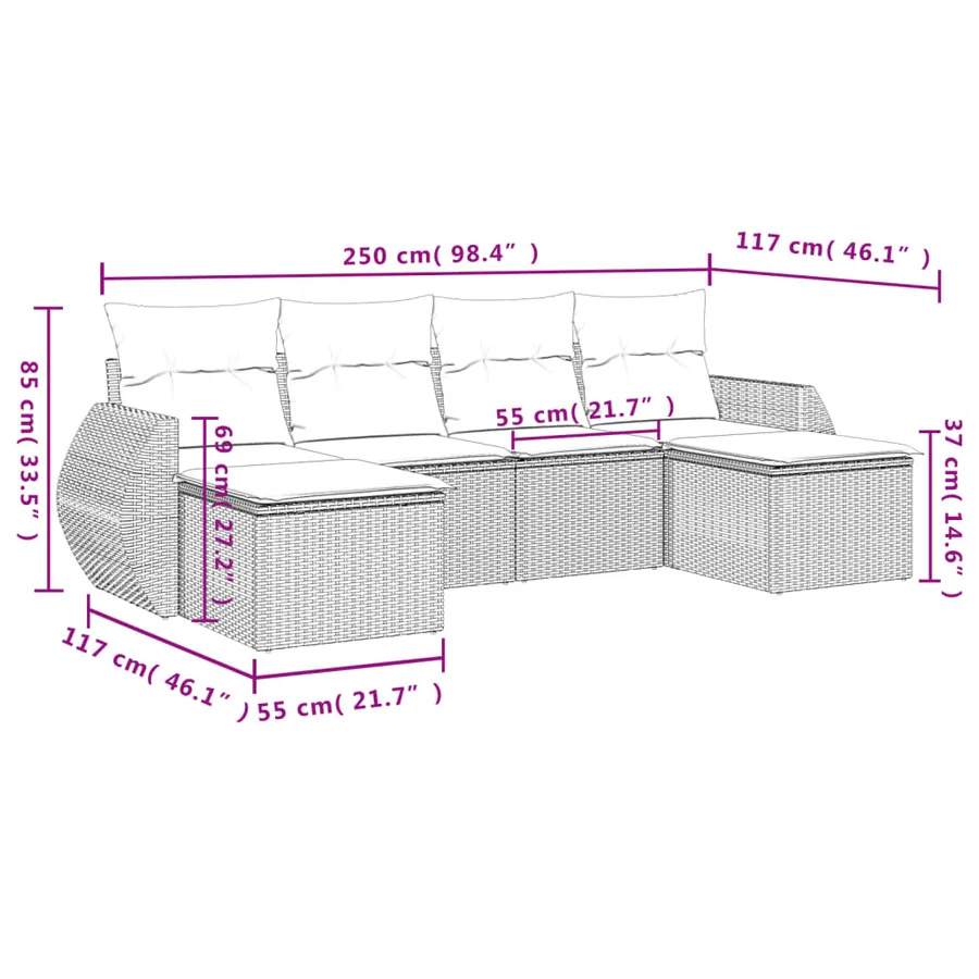 Ensemble de canapé de jardin 6 pcs avec coussins marron résine tressée - 8