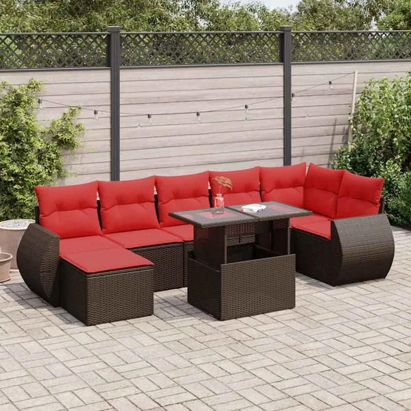 Salon de jardin 8pcs avec coussins marron résine tressée acacia