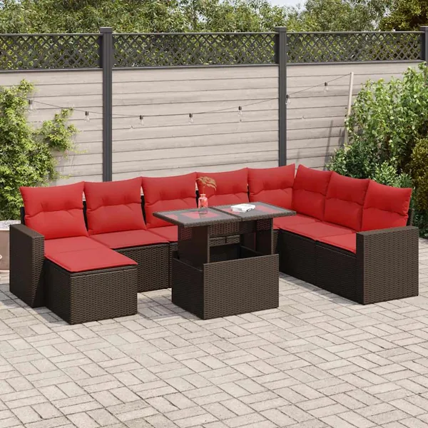 Salon de jardin avec coussins 9pcs marron résine tressée acacia