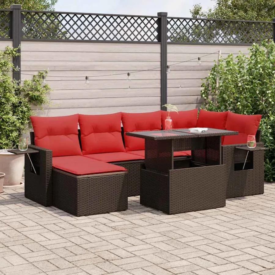 Salon de jardin avec coussins 7pcs marron résine tressée acacia