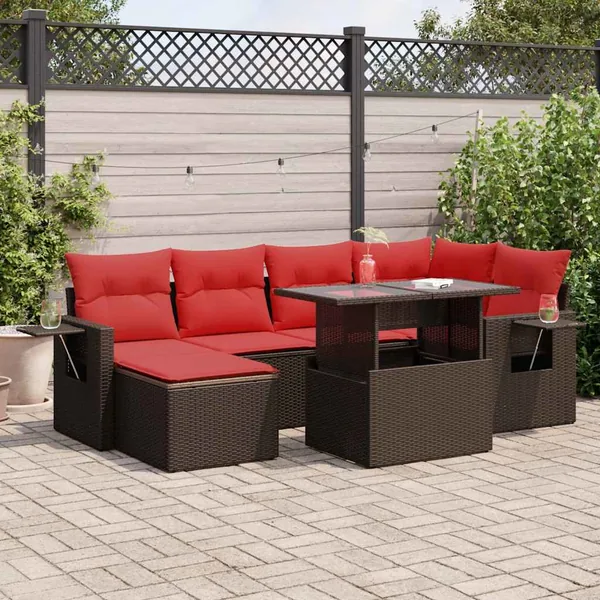 Salon de jardin avec coussins 7pcs marron résine tressée acacia