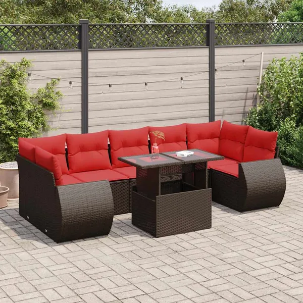 Salon de jardin 8pcs avec coussins marron résine tressée acacia