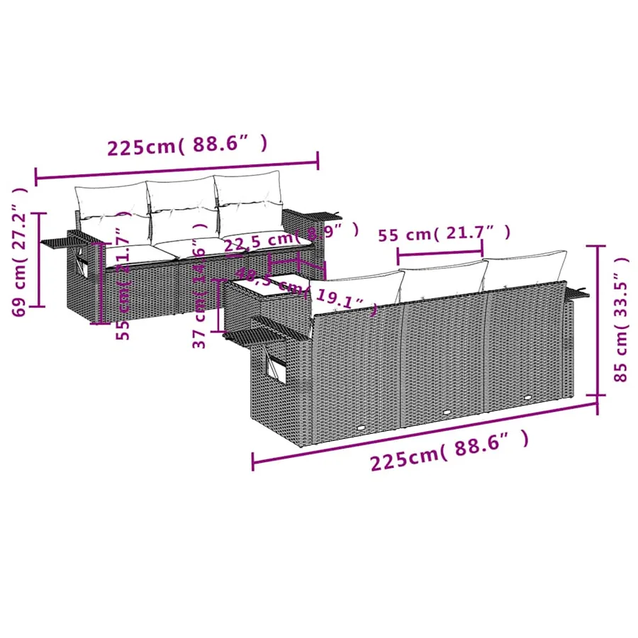 Ensemble de canapé de jardin 7 pcs avec coussins gris résine tressée - 8