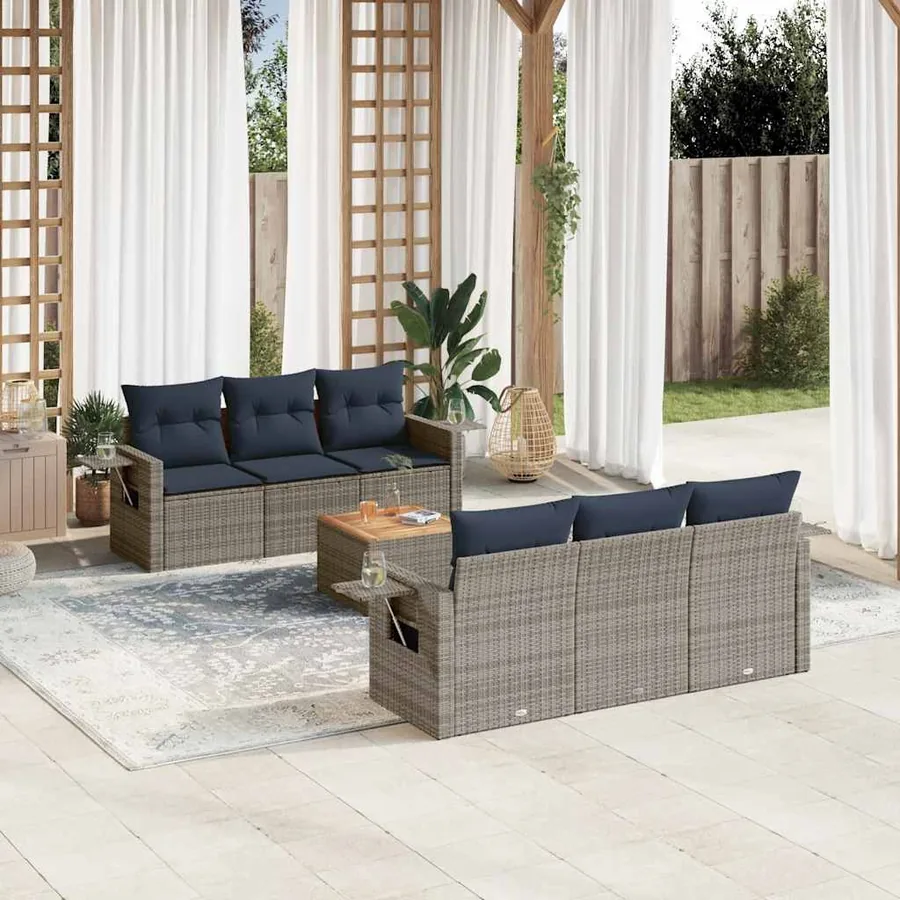 Ensemble de canapé de jardin 7 pcs avec coussins gris résine tressée