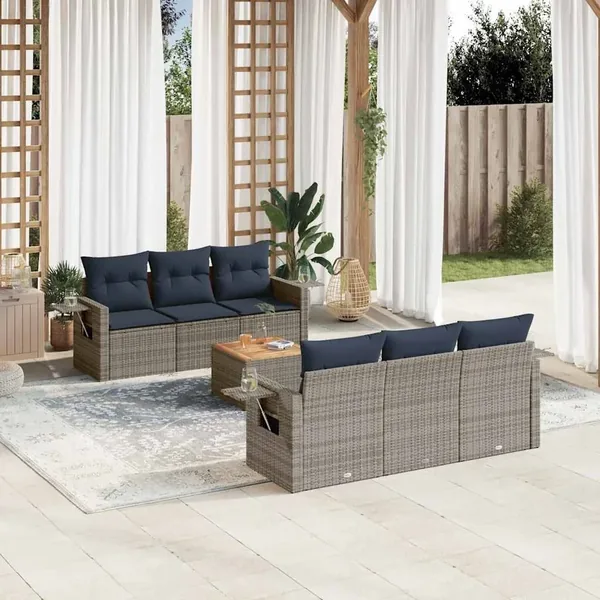 Ensemble de canapé de jardin 7 pcs avec coussins gris résine tressée