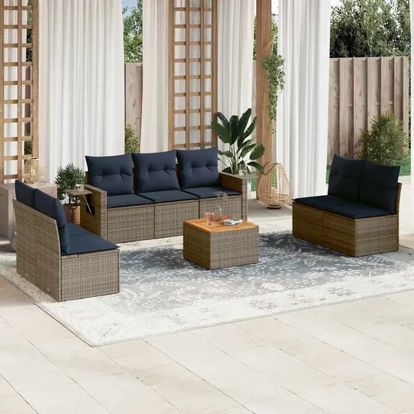 Ensemble de canapé de jardin 8 pcs avec coussins gris résine tressée