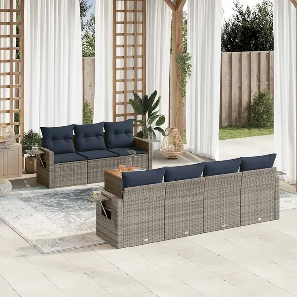 Ensemble de canapé de jardin 8 pcs avec coussins gris résine tressée
