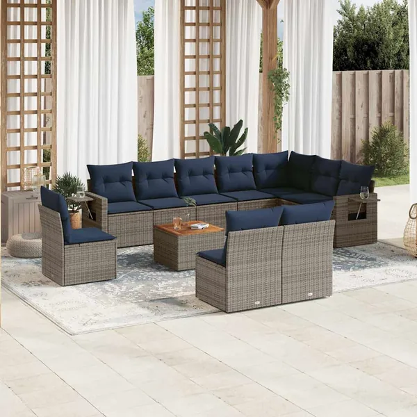 Ensemble de canapé de jardin 11 pcs avec coussins gris résine tressée