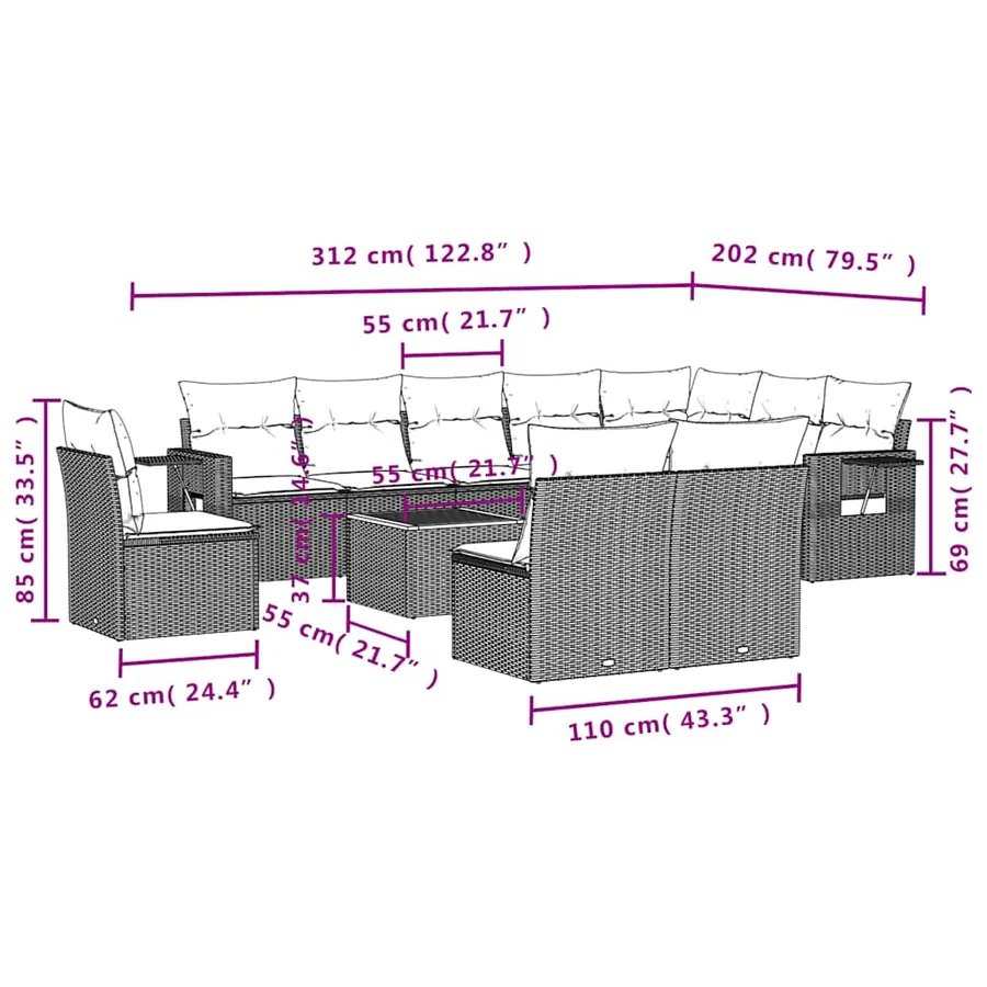 Ensemble de canapé de jardin 11 pcs avec coussins gris résine tressée - 9
