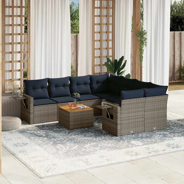 Ensemble de canapé de jardin 9 pcs avec coussins gris résine tressée