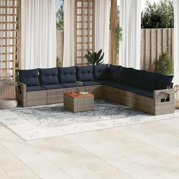 Ensemble de canapé de jardin 10 pcs avec coussins gris résine tressée