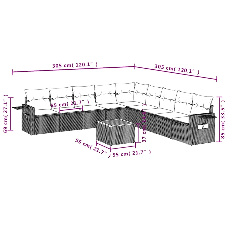 Ensemble de canapé de jardin 10 pcs avec coussins gris résine tressée - 9