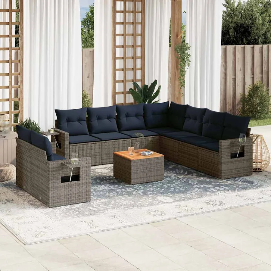 Ensemble de canapé de jardin 10 pcs avec coussins gris résine tressée