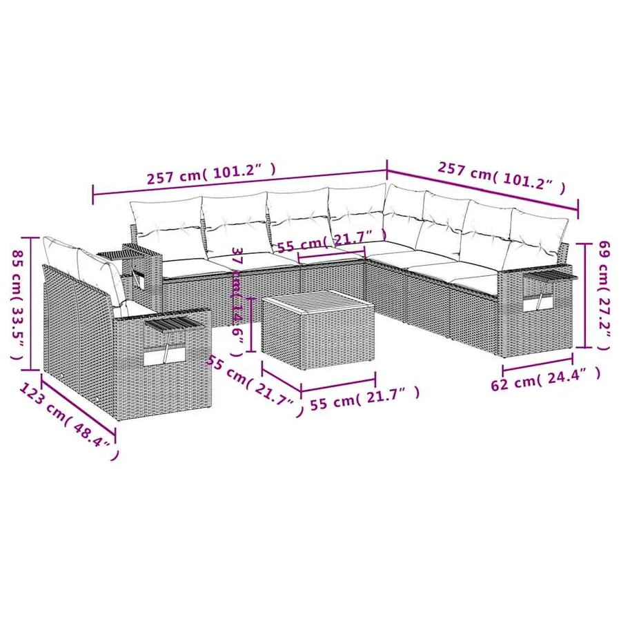 Ensemble de canapé de jardin 10 pcs avec coussins gris résine tressée - 9