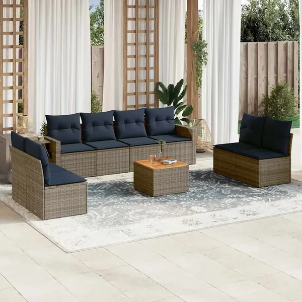 Ensemble de canapé de jardin 9 pcs avec coussins gris résine tressée
