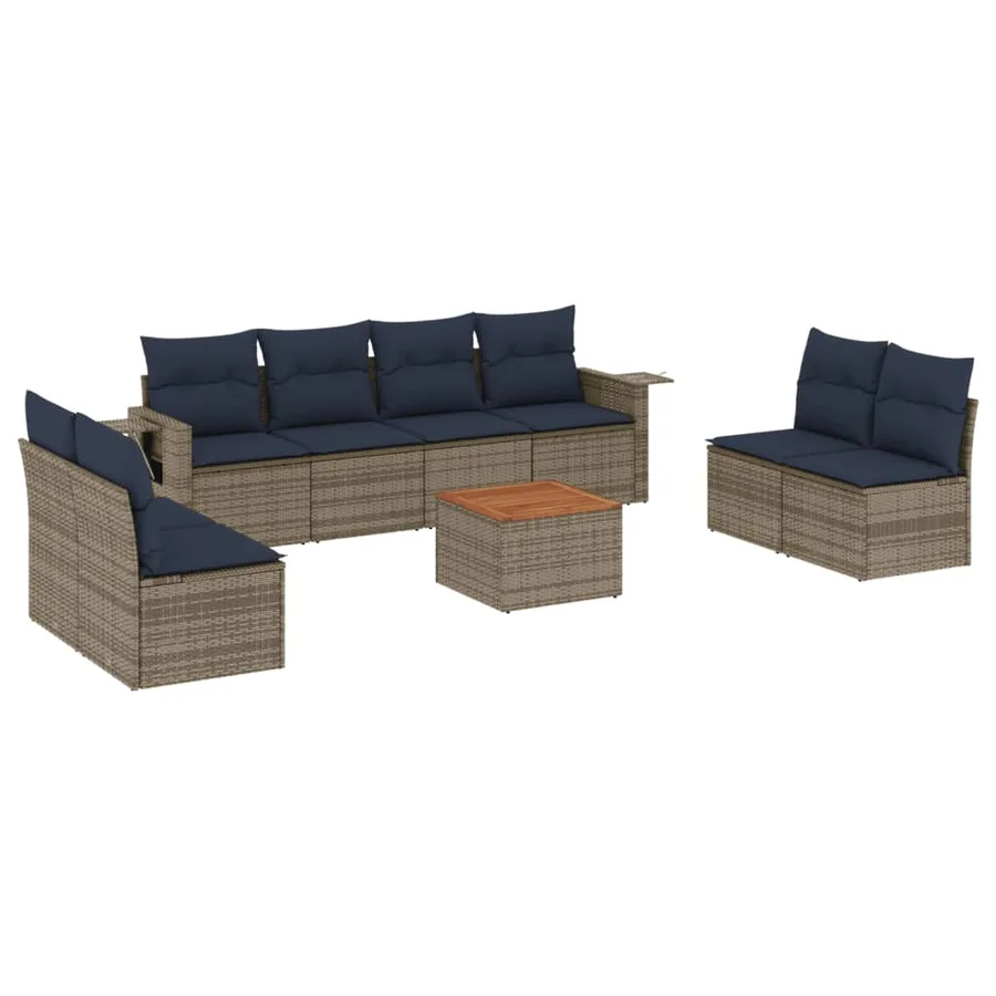 Ensemble de canapé de jardin 9 pcs avec coussins gris résine tressée - 2