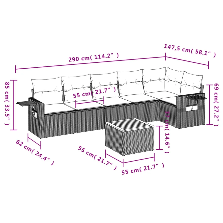 Ensemble de canapé de jardin 7 pcs avec coussins gris résine tressée - 9