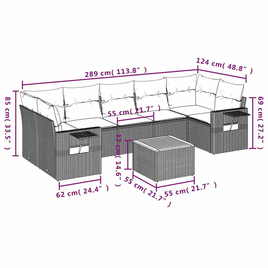 Ensemble de canapé de jardin 8 pcs avec coussins gris résine tressée - 9