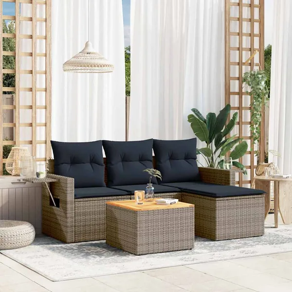 Ensemble de canapé de jardin 5 pcs avec coussins gris résine tressée