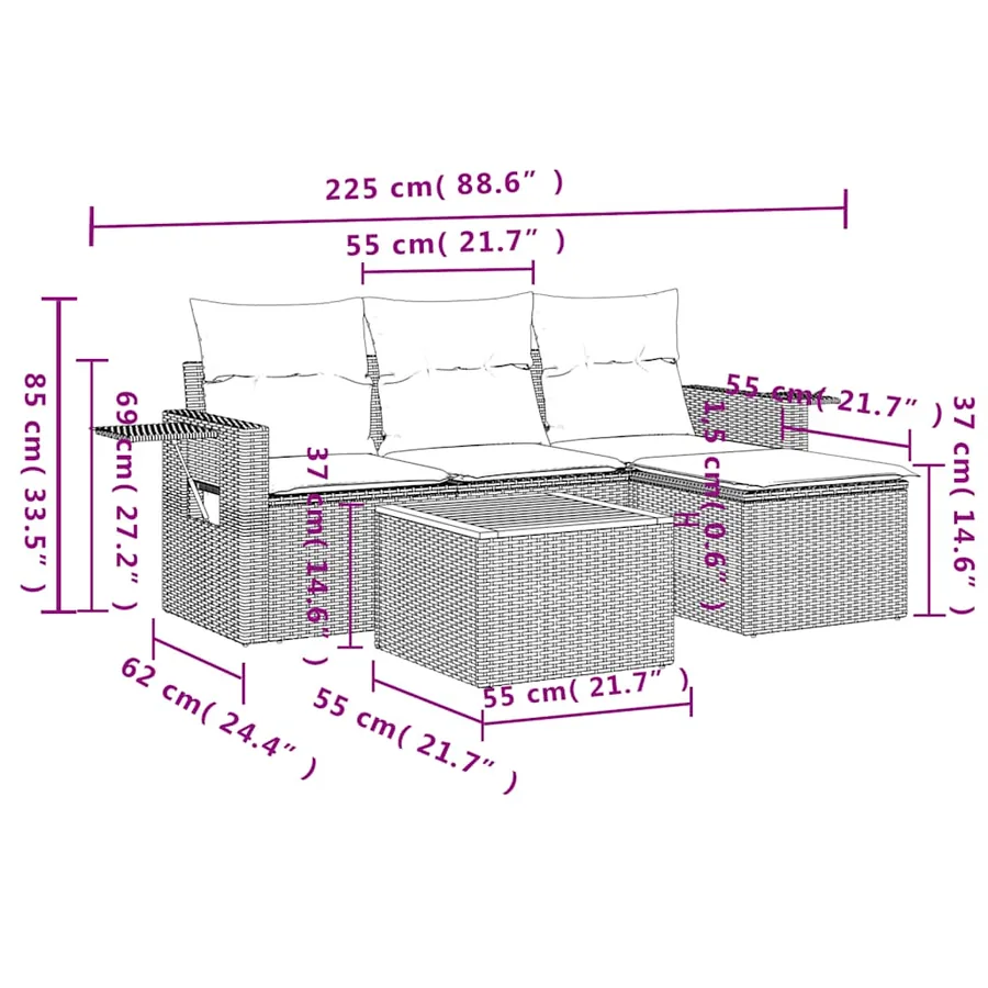 Ensemble de canapé de jardin 5 pcs avec coussins gris résine tressée - 9