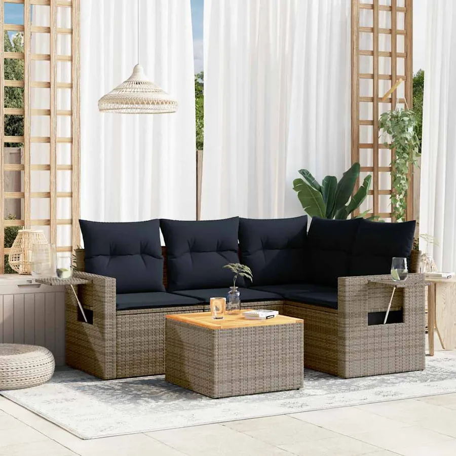 Ensemble de canapé de jardin 5 pcs avec coussins gris résine tressée