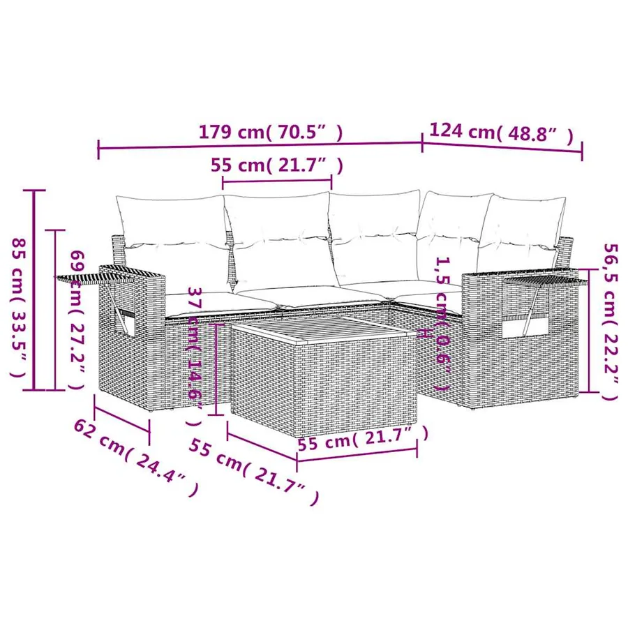 Ensemble de canapé de jardin 5 pcs avec coussins gris résine tressée - 9