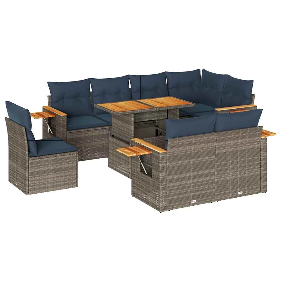 Salon de jardin avec coussins 9 pcs gris résine tressée acacia - 2