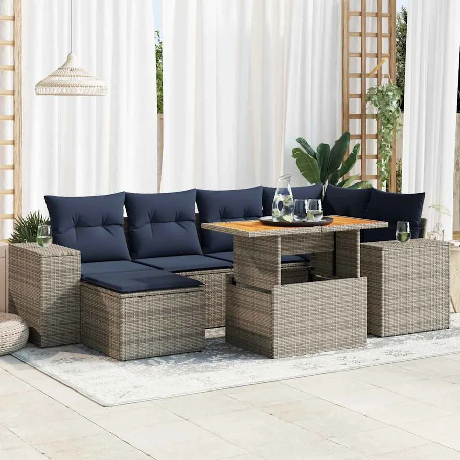 Salon de jardin avec coussins 7 pcs gris résine tressée