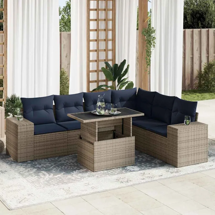 Salon de jardin avec coussins 7 pcs gris résine tressée acacia