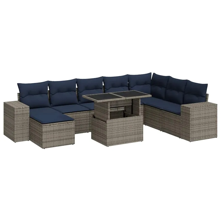 Salon de jardin avec coussins 9 pcs gris résine tressée acacia - 2