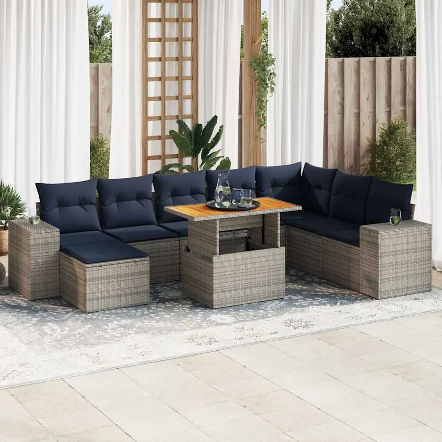 Salon de jardin 9 pcs avec coussins gris résine tressée