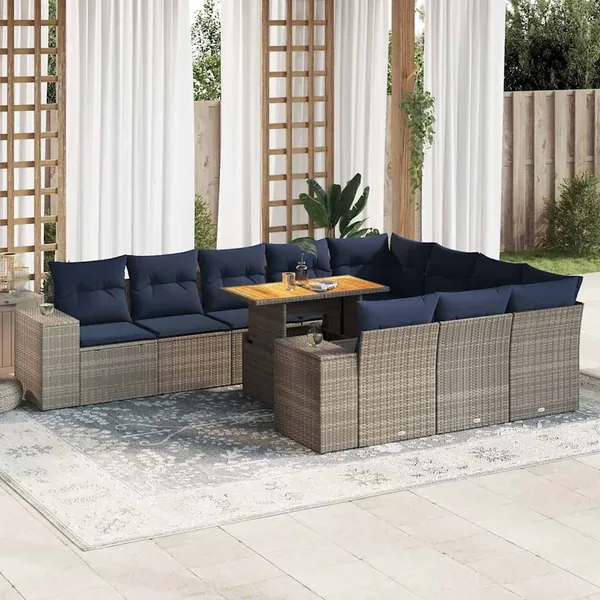 Salon de jardin 11 pcs avec coussins gris résine tressée