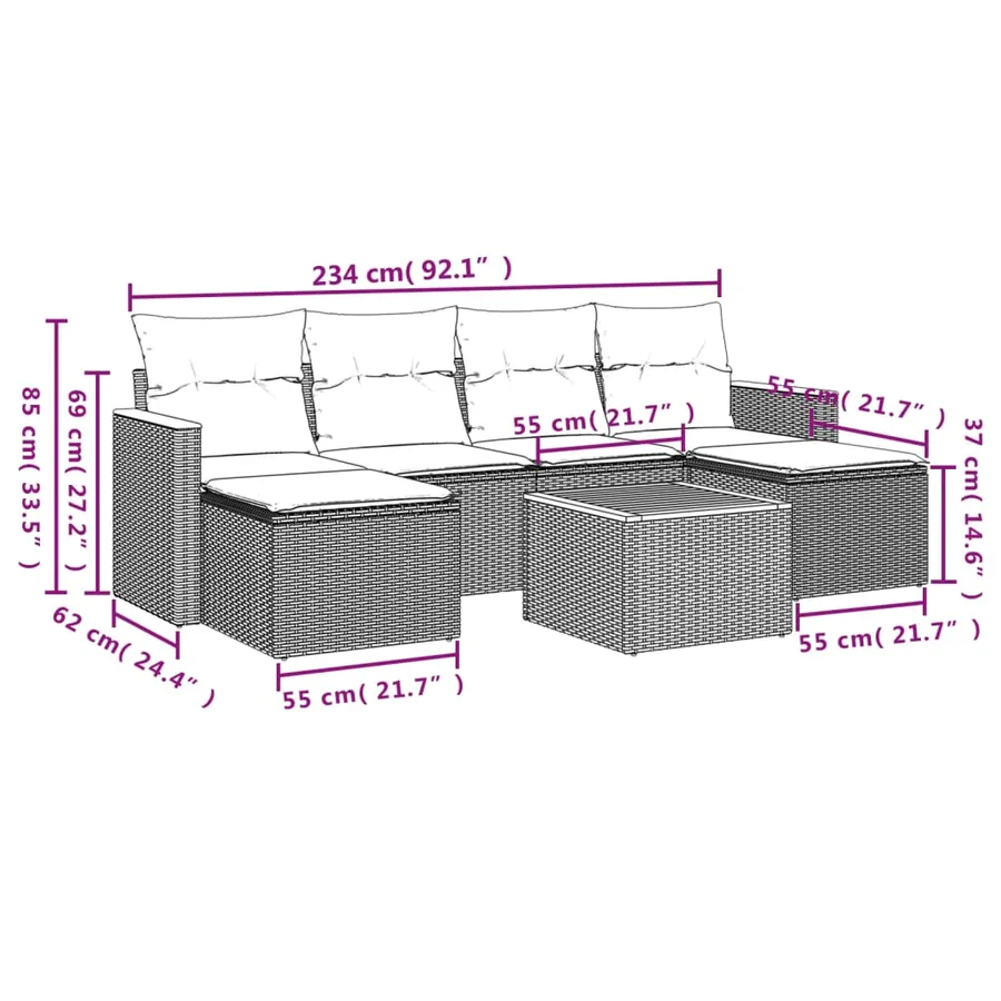 Ensemble de canapé de jardin 7 pcs avec coussins gris résine tressée - 9